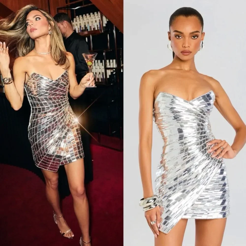 Retrofete Aura Strapless Rhinestone Embellished Mini Dress Silver Size Small - Picture 15 of 16